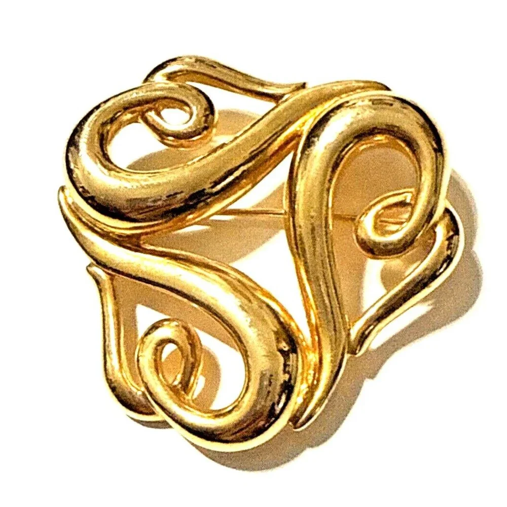 Vintage FIF Abstract Hearts Brooch Art Nouveau Gold Tone Openwork Pin 1.75